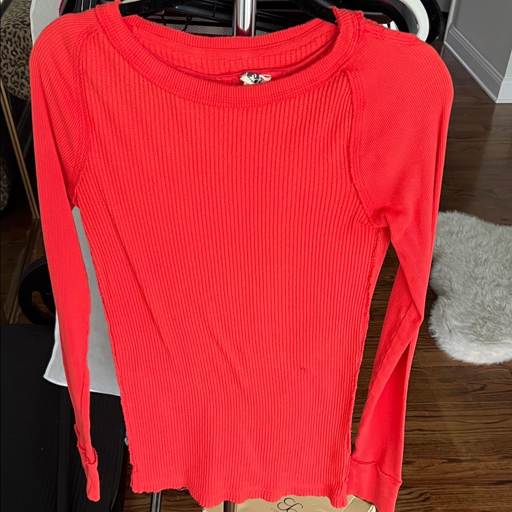 We the FREE Women's Red Ribbed Long Sleeve Top
